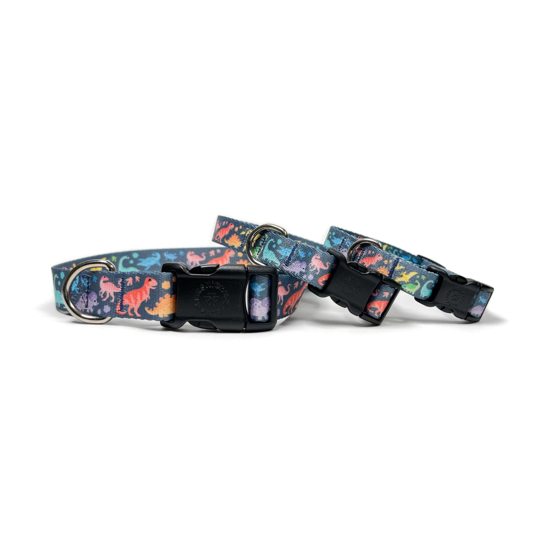 Rainbow dinosaurs dog collar 3 sizes stacked