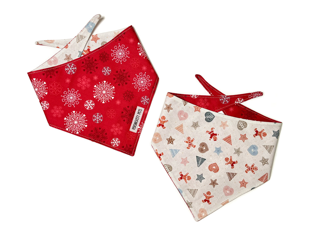 Snowflakes and holiday cookies reversible bandana both sides