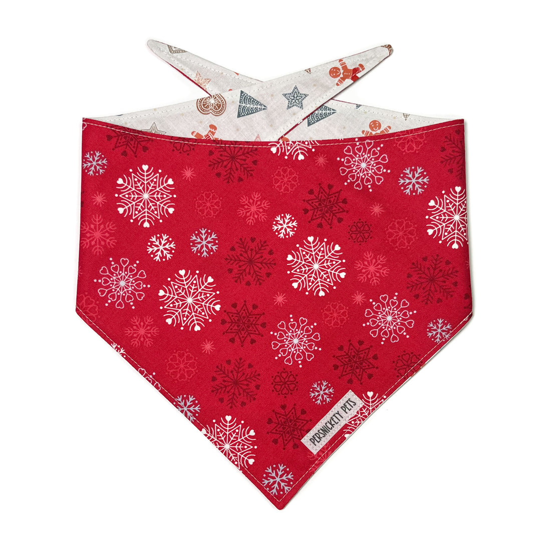 Snowflakes and holiday cookies reversible bandana front