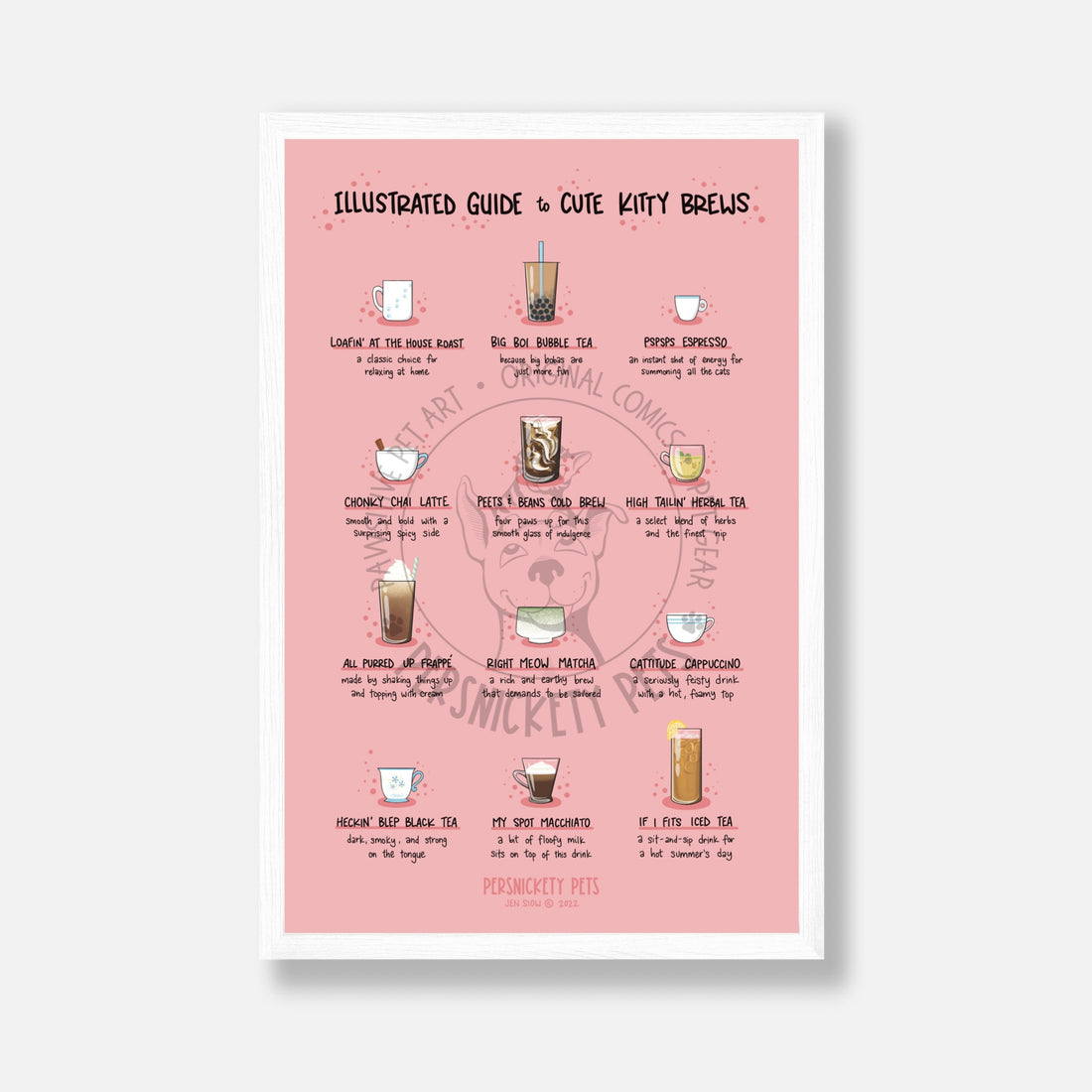 Persnickety Pets: Cute kitty brews 11x17 art print, poster in white frame