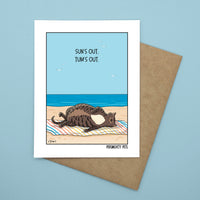 Persnickety Pets: Sun’s out, tum’s out notecard front