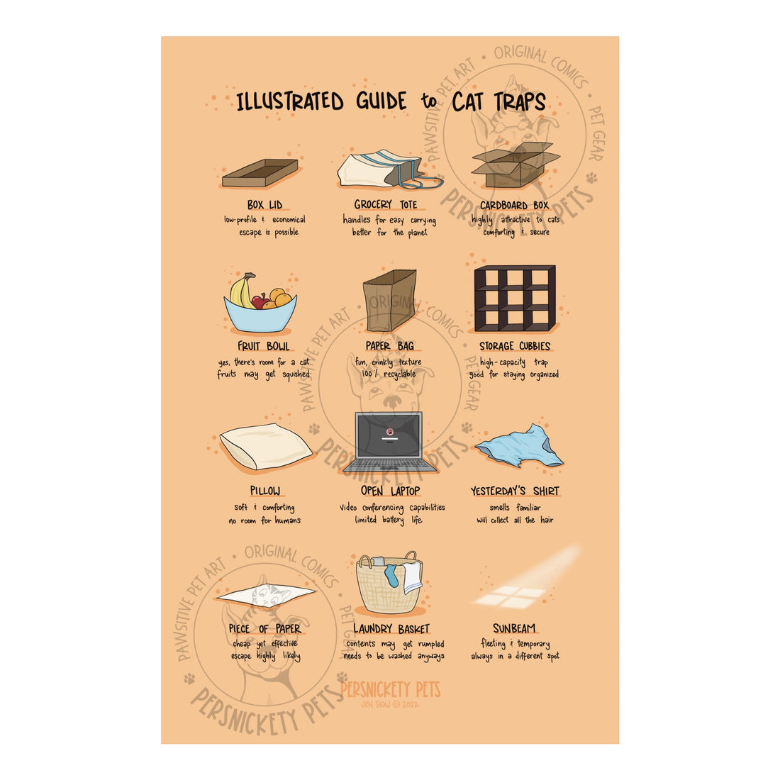 Persnickety Pets: Cat traps art print, poster, 11x17