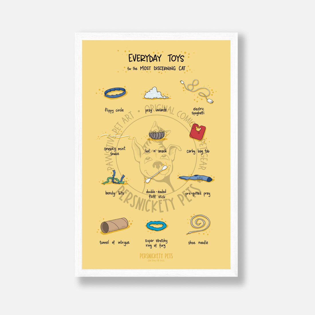 Persnickety Pets: Everyday cat toys art print, poster, 11x17 in white frame