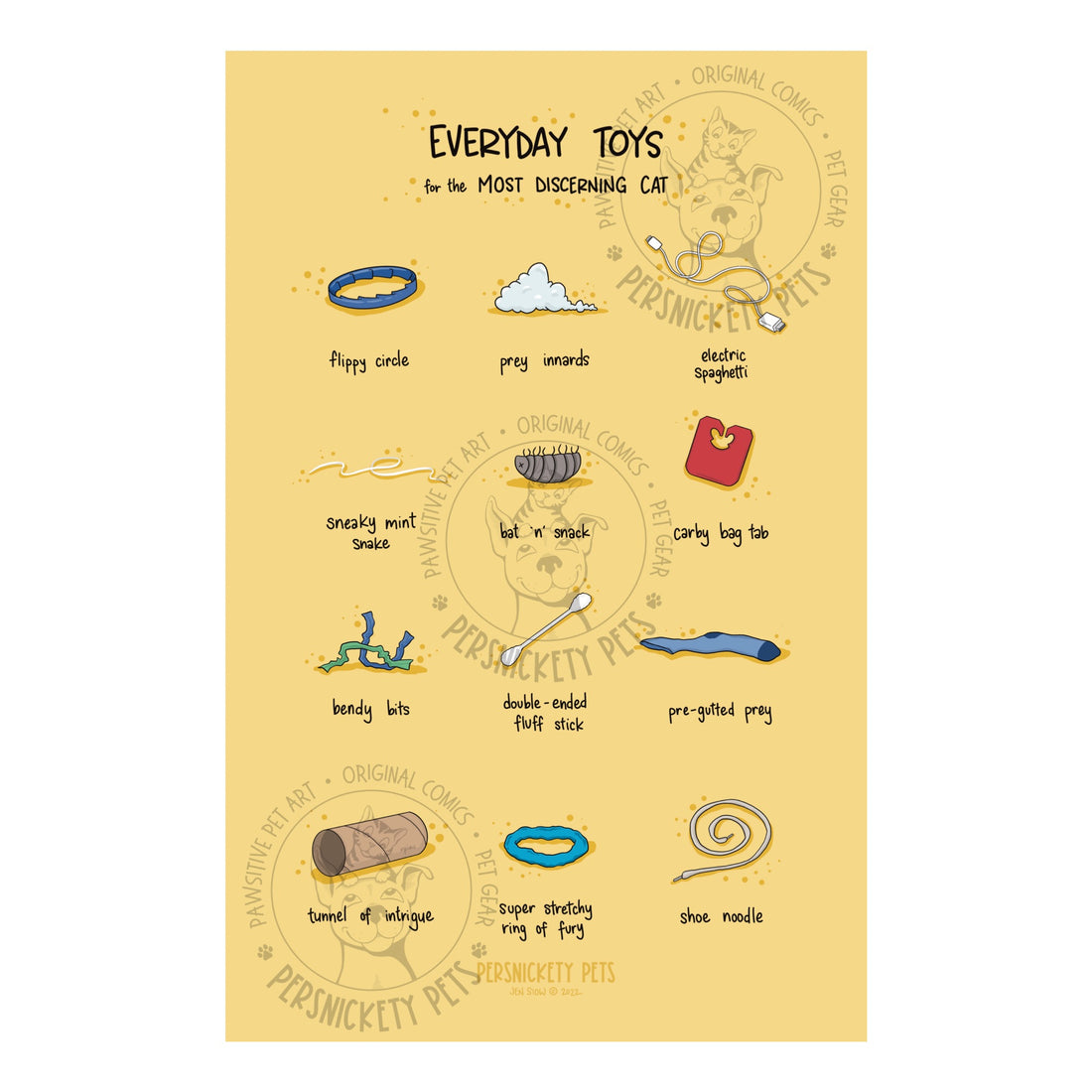 Persnickety Pets: Everyday cat toys art print, poster, 11x17