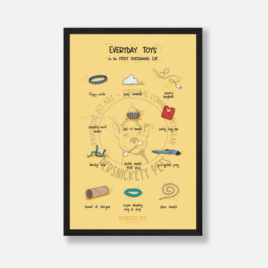 Persnickety Pets: Everyday cat toys art print, poster, 11x17 in black frame