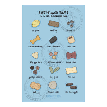 Persnickety Pets: Every-flavor dog treats art print, poster, 11x17