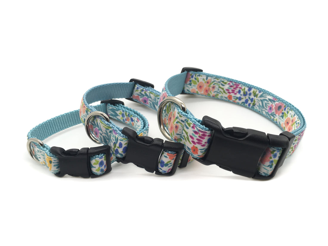 Persnickety Pets - flower garden classic dog collar, 3 sizes, stacked