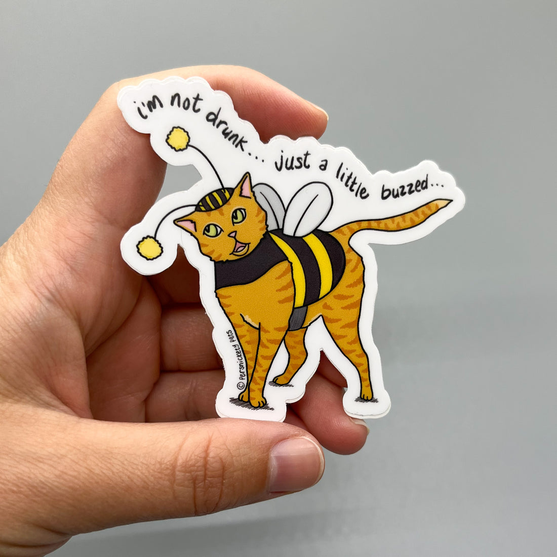 Persnickety Pets: Marmalade buzzed vinyl sticker in hand
